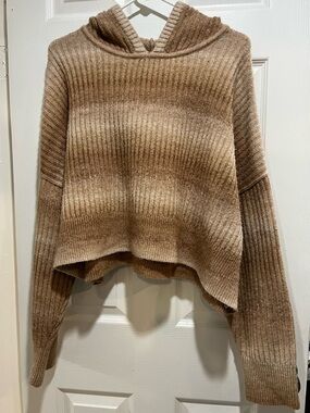 OFFLINE by Aerie Ribbed Hooded Pullover Sweater in Brown/Tan Ombre